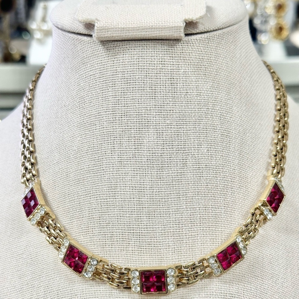 Vintage Signed Attwood & Sawyer Red and Clear Diamante Panther Link Necklace